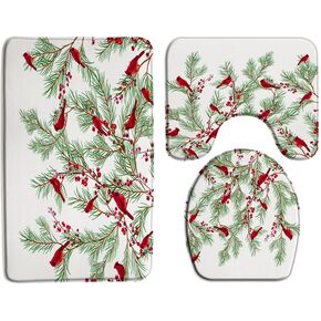 Christmas Red Bird 3 Piece Bath Rug Sets,Xmas Pine Tree Forest Winter Holiday Snow Branches Twigs Rustic Wild Festival Green 17.8"x29.5"Bath Rug,Toilet Seat Cover, U-Shaped Toilet
