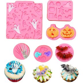 6Pcs Mini Halloween Fondant Molds，Halloween Party Cupcake Topper Decorating Tools Bat Pumpkin Skull Ghost Chocolate Cake Candy Molds for Making Gum Paste, Polymer Clay, Epoxy Resin…
