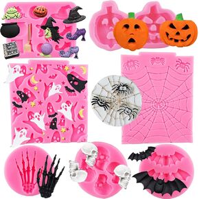 Halloween Silicone Mold 7 Pack Pumpkin Silicone Cake Mold Cupcake Chocolate Mold Skull Batskeleton Hand Bat Ghost Witch Candy Mold for Halloween Party