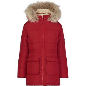 Tommy Hilfiger Girl's Long Length Heavyweight Puffer Jacket With Polar Fleece Lining & Faux Fur Hood