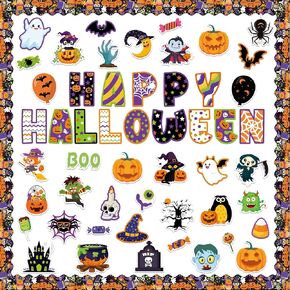 81 Pcs Halloween Cutouts Bulletin Board Decoration Set, Includes 16 Pcs Halloween Bulletin Boards Borders Cut Outs and 160 Pcs Glue Point for Classroom Home Party Decor
