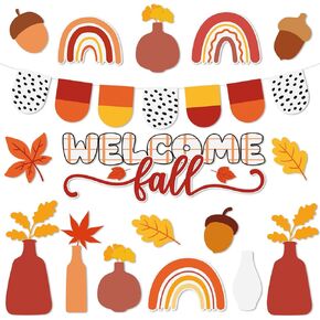 66 Pcs Fall Classroom Bulletin Board Decorations Set Thanksgiving Welcome Fall Cutouts Boho Autumn Bulletin Board Maple Leaf Cutouts for Harvest Party Supplies Home School Door Wall Decor