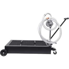 25 Gallon Oil Drain Pan, Oil Drain Tank Foldable 76L Low Profile Oil Drain Pan, Large Capacity Oil Change Pan, with Pump, Hose, Swivel Casters Wheels Black