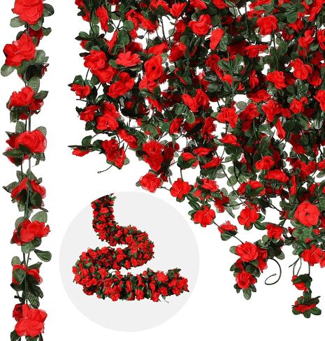 12 قطعة من زهور إكليل الزهور بطول 100 قدم من كرمة الورد الاصطناعي المعلقة على شكل زهرة وهمية لتزيين الحائط في الحديقة وإكليل اللبلاب للديكور مع الزهور لحفلات الزفاف وحفلات عيد الحب (أحمر) in Saudi Arabia