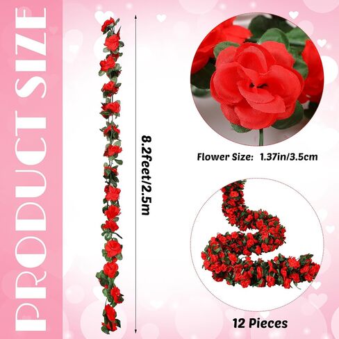 12 قطعة من زهور إكليل الزهور بطول 100 قدم من كرمة الورد الاصطناعي المعلقة على شكل زهرة وهمية لتزيين الحائط في الحديقة وإكليل اللبلاب للديكور مع الزهور لحفلات الزفاف وحفلات عيد الحب (أحمر) in Saudi Arabia