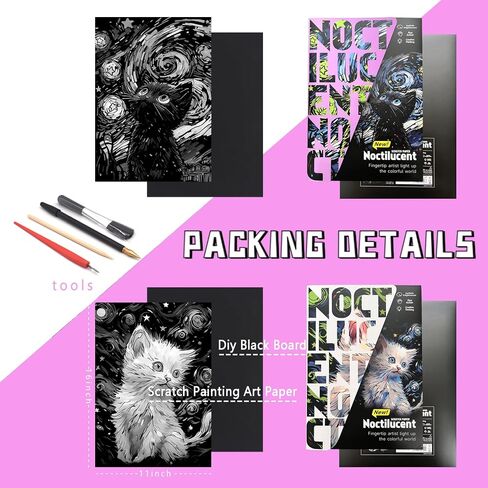 مجموعة فنية من PAITUEND Noctilucent Scratch Rainbow Painting Art Paper Scratch Painting Art للأطفال والكبار لوحة تزيينية إبداعية للخدش مع 4 أدوات 16 بوصة × 11 بوصة (سلسلة القطط) in Kuwait