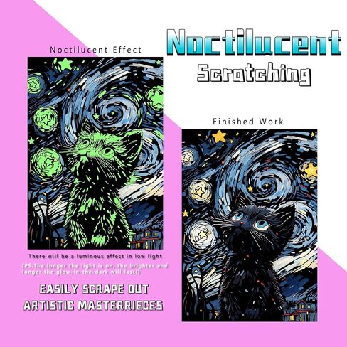 مجموعة فنية من PAITUEND Noctilucent Scratch Rainbow Painting Art Paper Scratch Painting Art للأطفال والكبار لوحة تزيينية إبداعية للخدش مع 4 أدوات 16 بوصة × 11 بوصة (سلسلة القطط) in Kuwait