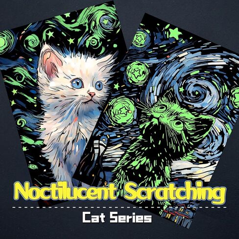 مجموعة فنية من PAITUEND Noctilucent Scratch Rainbow Painting Art Paper Scratch Painting Art للأطفال والكبار لوحة تزيينية إبداعية للخدش مع 4 أدوات 16 بوصة × 11 بوصة (سلسلة القطط) in Kuwait