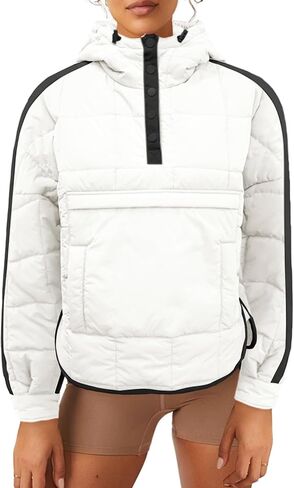 Tankaneo Womens Oversized Puffer Pullover Jacket Quilted Color Block Puffy Hooded Coat Fall Hoodies Outerwear with Pockets in Saudi Arabia