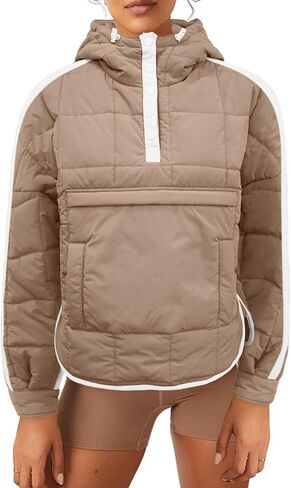 Tankaneo Womens Oversized Puffer Pullover Jacket Quilted Color Block Puffy Hooded Coat Fall Hoodies Outerwear with Pockets in Saudi Arabia