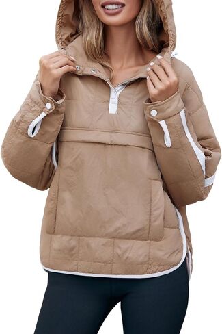 Tankaneo Womens Oversized Puffer Pullover Jacket Quilted Color Block Puffy Hooded Coat Fall Hoodies Outerwear with Pockets in Saudi Arabia