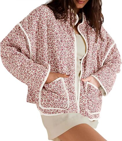 Tankaneo Womens Quilted Lightweight Jackets Floral Print Winter Coats Open Front Cardigan with Pockets in Saudi Arabia
