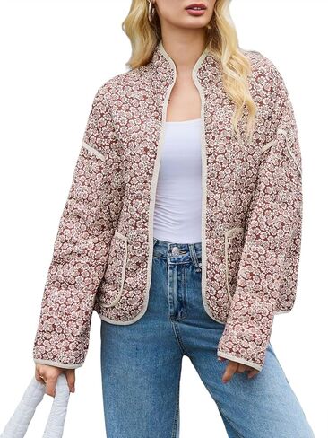 Tankaneo Womens Quilted Lightweight Jackets Floral Print Winter Coats Open Front Cardigan with Pockets in Saudi Arabia