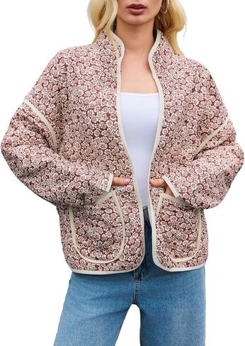 Tankaneo Womens Quilted Lightweight Jackets Floral Print Winter Coats Open Front Cardigan with Pockets in Saudi Arabia