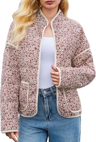 Tankaneo Womens Quilted Lightweight Jackets Floral Print Winter Coats Open Front Cardigan with Pockets in Saudi Arabia