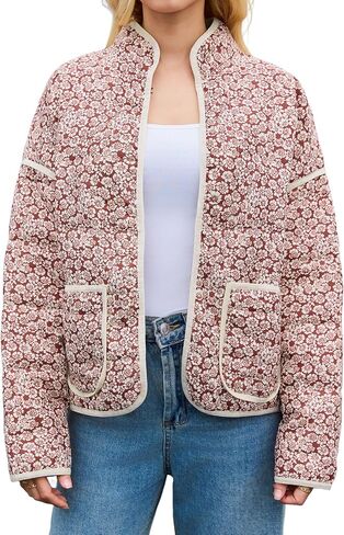 Tankaneo Womens Quilted Lightweight Jackets Floral Print Winter Coats Open Front Cardigan with Pockets in Saudi Arabia