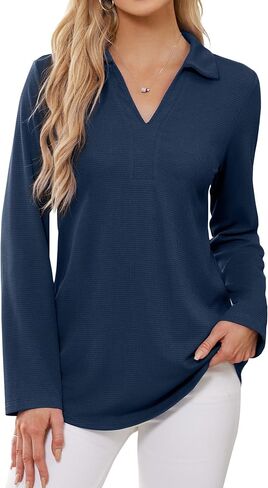 Women's Polo Shirts Collared V Neck Work Tops Long Sleeve Business Casual Dressy Blouses Textured Ribbed Tunic in Saudi Arabia