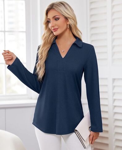 Women's Polo Shirts Collared V Neck Work Tops Long Sleeve Business Casual Dressy Blouses Textured Ribbed Tunic in Saudi Arabia