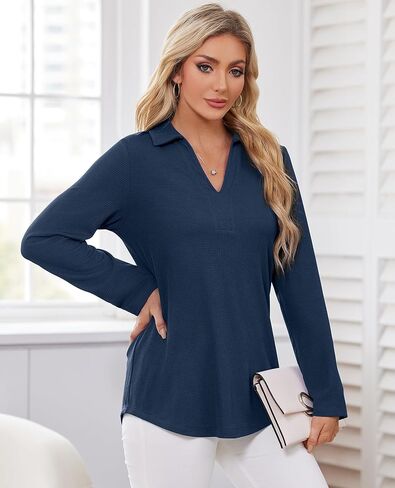 Women's Polo Shirts Collared V Neck Work Tops Long Sleeve Business Casual Dressy Blouses Textured Ribbed Tunic in Saudi Arabia