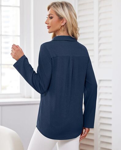 Women's Polo Shirts Collared V Neck Work Tops Long Sleeve Business Casual Dressy Blouses Textured Ribbed Tunic in Saudi Arabia