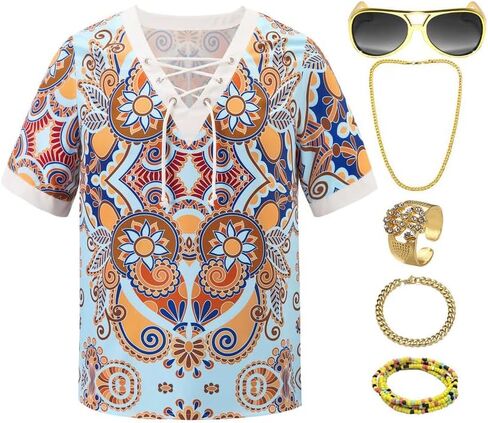 Mainfini Men's 70s Hippie Costume 60s Disco Outfit V-Neck Drawstring Printed T-Shirt Theme Party (S-2XL) in Saudi Arabia