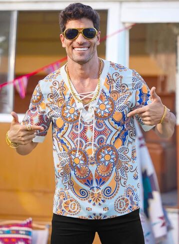 Mainfini Men's 70s Hippie Costume 60s Disco Outfit V-Neck Drawstring Printed T-Shirt Theme Party (S-2XL) in Saudi Arabia