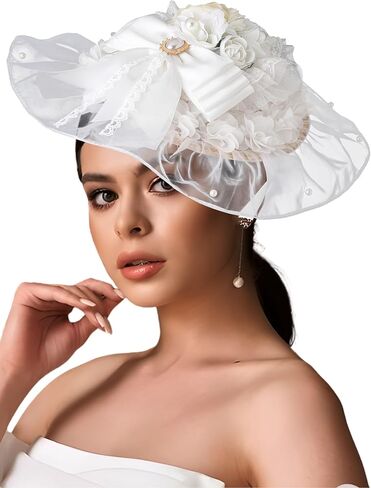 Bohend Tea Party White Fascinators Hats Flower Lace Victoria Hat Bow Ribbon Hair Clip Wedding Accessories for Women or Girls in Kuwait