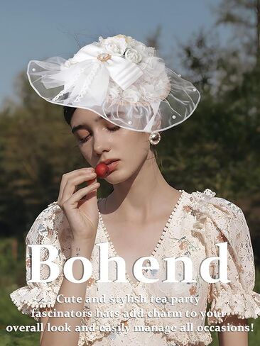 Bohend Tea Party White Fascinators Hats Flower Lace Victoria Hat Bow Ribbon Hair Clip Wedding Accessories for Women or Girls in Kuwait