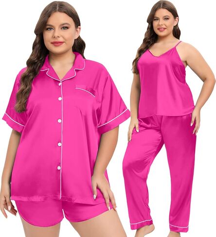 SWOMOG Women Plus Size Pajama Set 4pcs Silk Satin Sleepwear Button Down Pjs Cami Shorts Set Loose Loungewear 16W-26W in Saudi Arabia