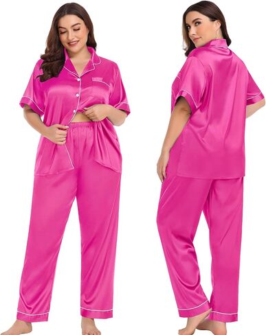 SWOMOG Women Plus Size Pajama Set 4pcs Silk Satin Sleepwear Button Down Pjs Cami Shorts Set Loose Loungewear 16W-26W in Saudi Arabia