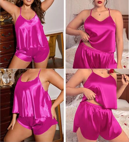 SWOMOG Women Plus Size Pajama Set 4pcs Silk Satin Sleepwear Button Down Pjs Cami Shorts Set Loose Loungewear 16W-26W in Saudi Arabia