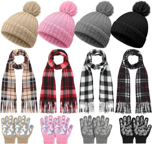 JaGely 12 Pcs Kids Winter Hat Gloves Scarf Set Warm Plaid Scarves Knit Pom Beanie Hat Gloves for Cold Weather Homeless(Bright Color,12 Pcs) in Saudi Arabia