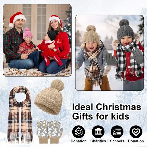 JaGely 12 Pcs Kids Winter Hat Gloves Scarf Set Warm Plaid Scarves Knit Pom Beanie Hat Gloves for Cold Weather Homeless(Bright Color,12 Pcs) in Saudi Arabia