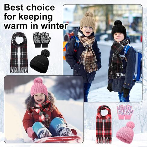 JaGely 12 Pcs Kids Winter Hat Gloves Scarf Set Warm Plaid Scarves Knit Pom Beanie Hat Gloves for Cold Weather Homeless(Bright Color,12 Pcs) in Saudi Arabia