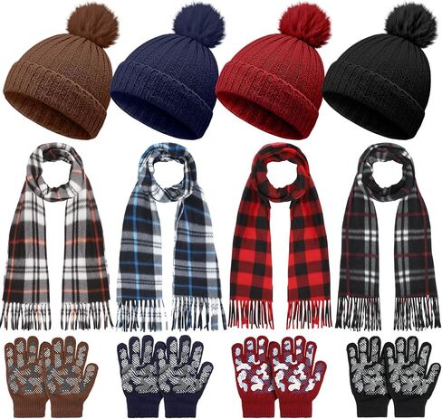 JaGely 12 Pcs Kids Winter Hat Gloves Scarf Set Warm Plaid Scarves Knit Pom Beanie Hat Gloves for Cold Weather Homeless(Bright Color,12 Pcs) in Saudi Arabia