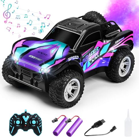 RC Cars 1:16 سيارة تحكم عن بعد للأولاد 4-7 8-12، شاحنة تحكم عن بعد قابلة لإعادة الشحن لجميع التضاريس للأطفال، شاحنة وحش RC 2.4 جيجا هرتز مع ضوء الجسم والموسيقى والرذاذ، 20 كم/ساعة ألعاب سيارة للأعمار من 5 إلى 7 سنوات، 8-13 أرجواني in Saudi Arabia