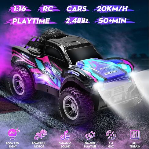 RC Cars 1:16 سيارة تحكم عن بعد للأولاد 4-7 8-12، شاحنة تحكم عن بعد قابلة لإعادة الشحن لجميع التضاريس للأطفال، شاحنة وحش RC 2.4 جيجا هرتز مع ضوء الجسم والموسيقى والرذاذ، 20 كم/ساعة ألعاب سيارة للأعمار من 5 إلى 7 سنوات، 8-13 أرجواني in Saudi Arabia