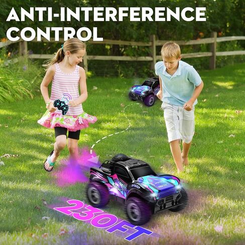 RC Cars 1:16 سيارة تحكم عن بعد للأولاد 4-7 8-12، شاحنة تحكم عن بعد قابلة لإعادة الشحن لجميع التضاريس للأطفال، شاحنة وحش RC 2.4 جيجا هرتز مع ضوء الجسم والموسيقى والرذاذ، 20 كم/ساعة ألعاب سيارة للأعمار من 5 إلى 7 سنوات، 8-13 أرجواني in Saudi Arabia