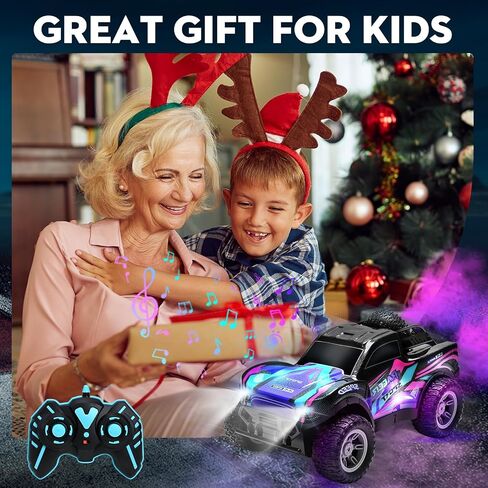 RC Cars 1:16 سيارة تحكم عن بعد للأولاد 4-7 8-12، شاحنة تحكم عن بعد قابلة لإعادة الشحن لجميع التضاريس للأطفال، شاحنة وحش RC 2.4 جيجا هرتز مع ضوء الجسم والموسيقى والرذاذ، 20 كم/ساعة ألعاب سيارة للأعمار من 5 إلى 7 سنوات، 8-13 أرجواني in Saudi Arabia