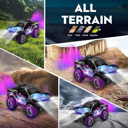 RC Cars 1:16 سيارة تحكم عن بعد للأولاد 4-7 8-12، شاحنة تحكم عن بعد قابلة لإعادة الشحن لجميع التضاريس للأطفال، شاحنة وحش RC 2.4 جيجا هرتز مع ضوء الجسم والموسيقى والرذاذ، 20 كم/ساعة ألعاب سيارة للأعمار من 5 إلى 7 سنوات، 8-13 أرجواني in Saudi Arabia