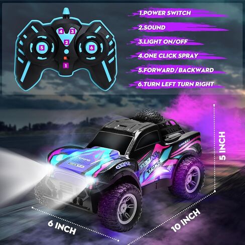 RC Cars 1:16 سيارة تحكم عن بعد للأولاد 4-7 8-12، شاحنة تحكم عن بعد قابلة لإعادة الشحن لجميع التضاريس للأطفال، شاحنة وحش RC 2.4 جيجا هرتز مع ضوء الجسم والموسيقى والرذاذ، 20 كم/ساعة ألعاب سيارة للأعمار من 5 إلى 7 سنوات، 8-13 أرجواني in Saudi Arabia
