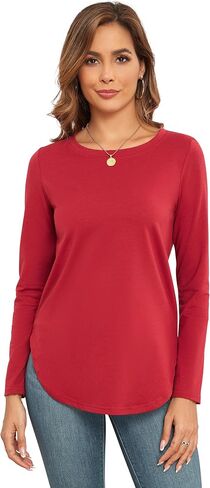 Qaffier Women's Tunic Tops Long Sleeve Shirts for Women Crew Neck Side Split Loose Fit Blouses T-Shirts in Kuwait
