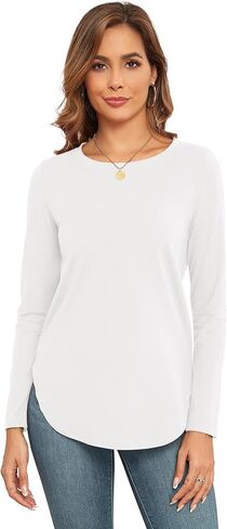 Qaffier Women's Tunic Tops Long Sleeve Shirts for Women Crew Neck Side Split Loose Fit Blouses T-Shirts in Kuwait