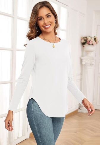 Qaffier Women's Tunic Tops Long Sleeve Shirts for Women Crew Neck Side Split Loose Fit Blouses T-Shirts in Kuwait