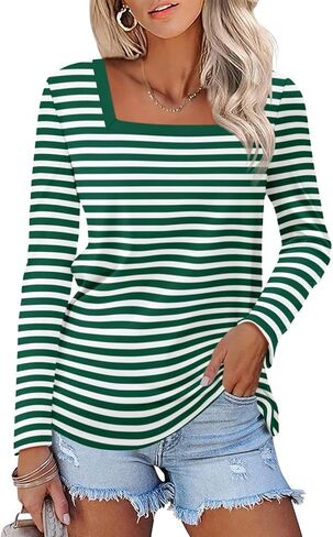 Women's Long Sleeve Shirts Striped Square Neck Tops Casual Tees Shirts Basic Blouses in Saudi Arabia