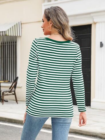 Women's Long Sleeve Shirts Striped Square Neck Tops Casual Tees Shirts Basic Blouses in Saudi Arabia