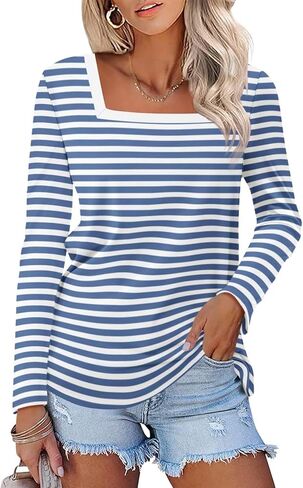 Women's Long Sleeve Shirts Striped Square Neck Tops Casual Tees Shirts Basic Blouses in Saudi Arabia