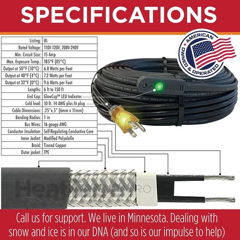 Heat Tape Pro - Self-Regulating Heat Cable - Long Term Ice Dam, Roofing, Gutter & Pipe Freeze Protection - (37 Ft) cable + 10 Ft Power Cord, 120V, 6 watts/FT in Kuwait