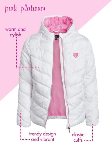 Pink Platinum Girls Puffer Jacket - Full Zip Up Quilted Hooded Winter Coat and Solid Packable Jacket for Girls (Sizes: 7-16) in Kuwait