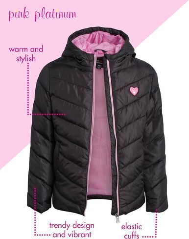 Pink Platinum Girls Puffer Jacket - Full Zip Up Quilted Hooded Winter Coat and Solid Packable Jacket for Girls (Sizes: 7-16) in Kuwait